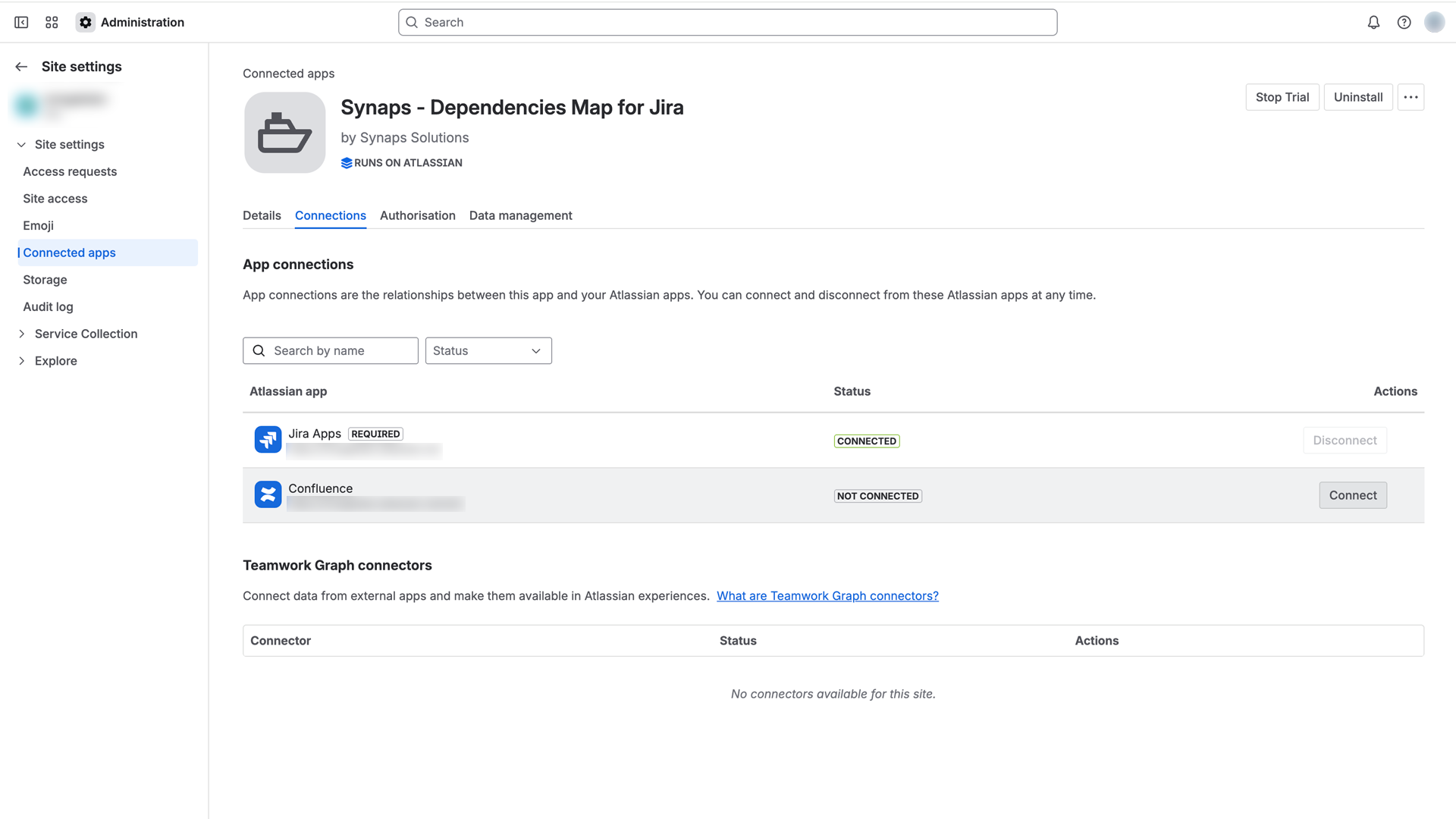 Synaps app details in Atlassian Administration, Connections tab, with the Connect button next to Confluence