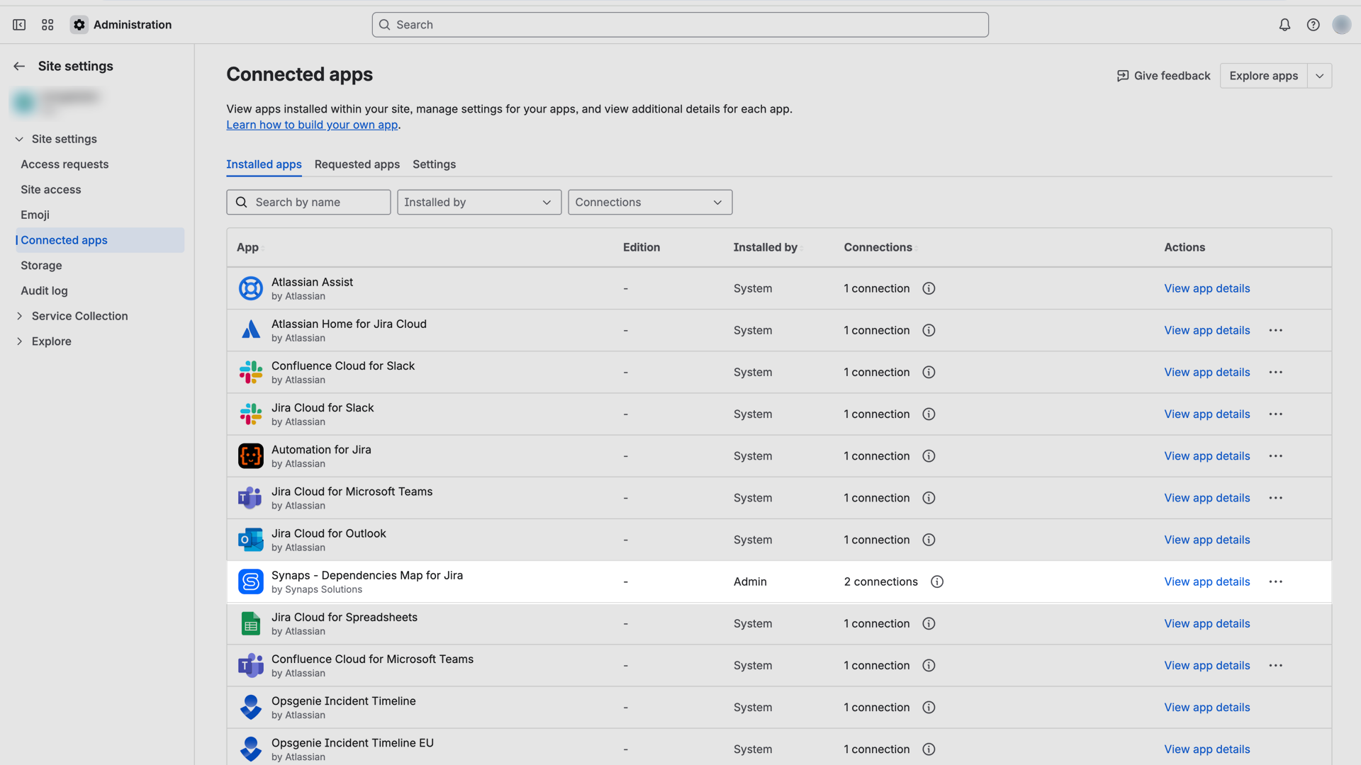 Connected apps in Atlassian Administration, with Synaps listed among the site's installed apps