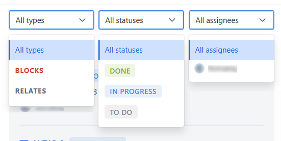 Close-up of the Dependency details panel header - three filter dropdowns side by side (Link type, Status, Assignee)