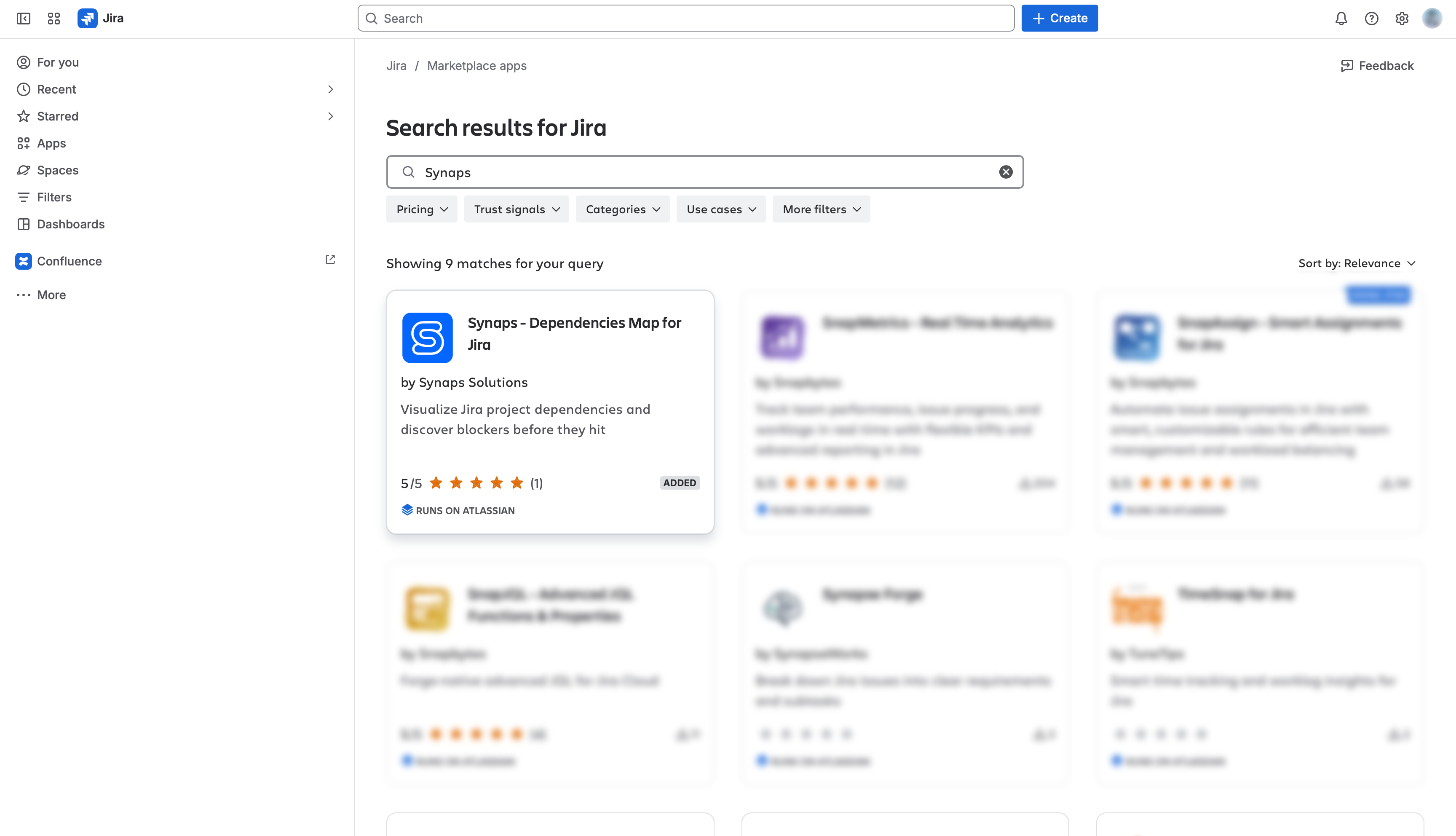 Searching for Synaps in Jira's Marketplace apps view, with the Synaps listing as the first result