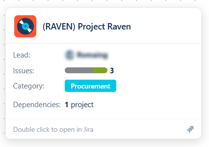 Project tooltip for Raven showing the avatar, project key and name, lead with email, an issues progress bar, category badge, dependency count, and a 'Double click to open in Jira' footer
