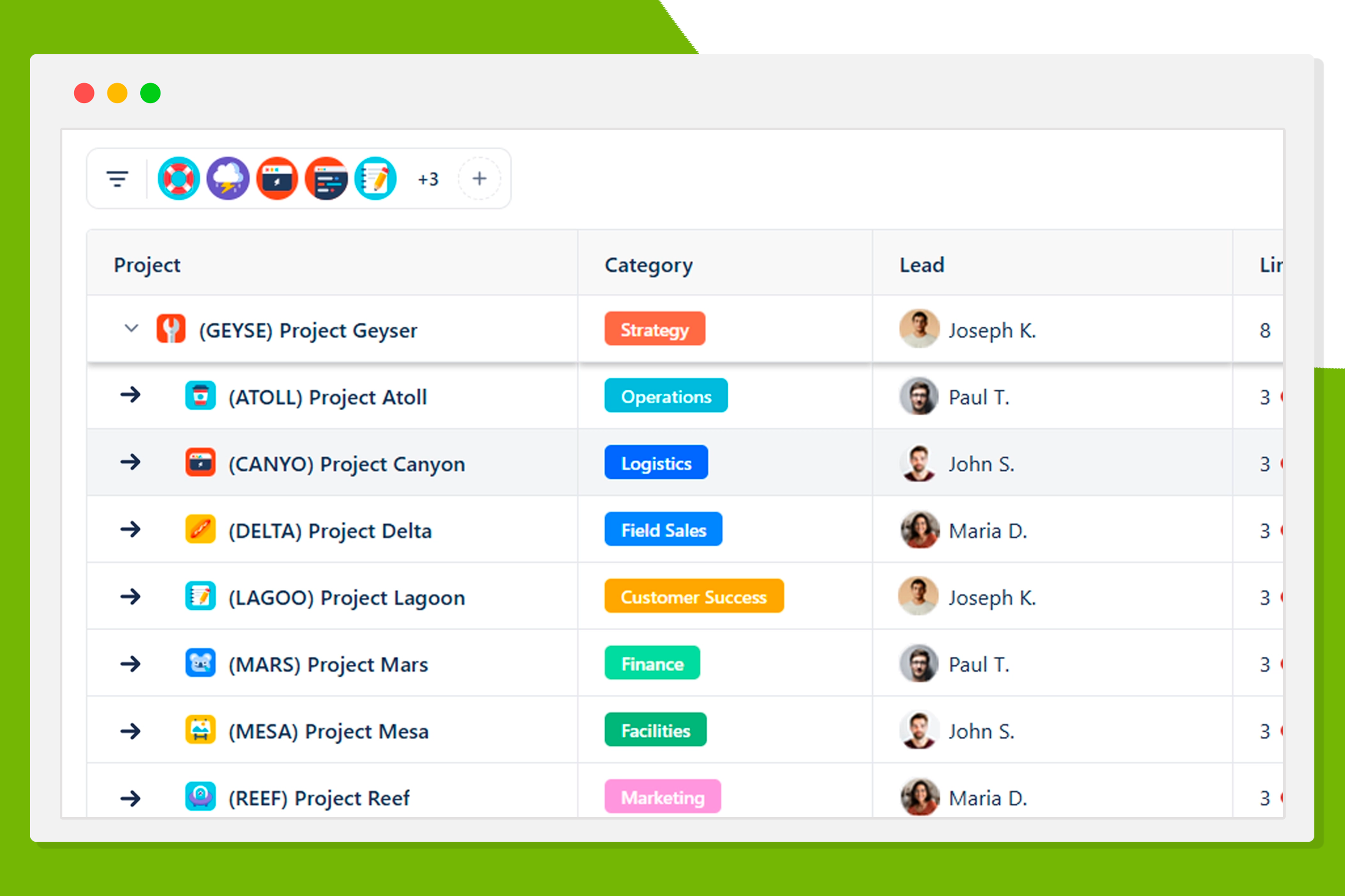 Synaps Table View listing projects with category, lead, link counts, and issue status columns