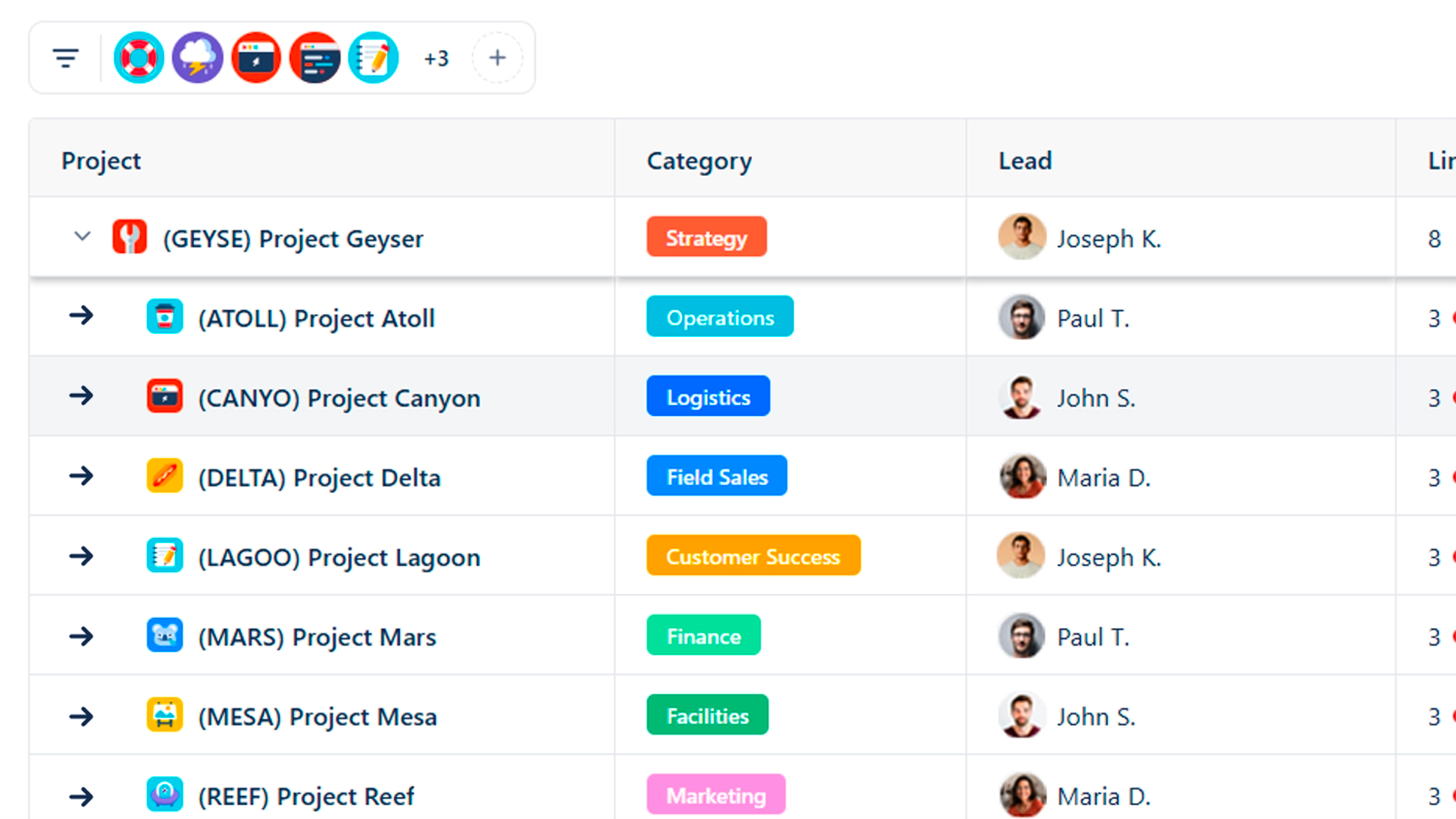 Synaps Table View - rows of projects with Project, Category, Lead, Links, and Issues columns, sorted by link count