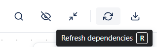 Close-up of the Synaps navbar with the Refresh button visible, tooltip 'Refresh dependencies - R' showing